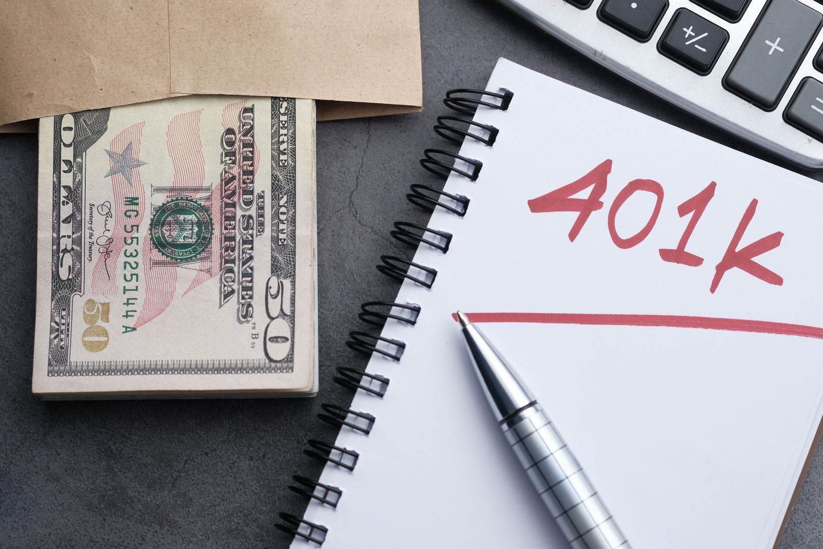 Notebook labeled 401k with cash, a pen and a calculator on a desk
